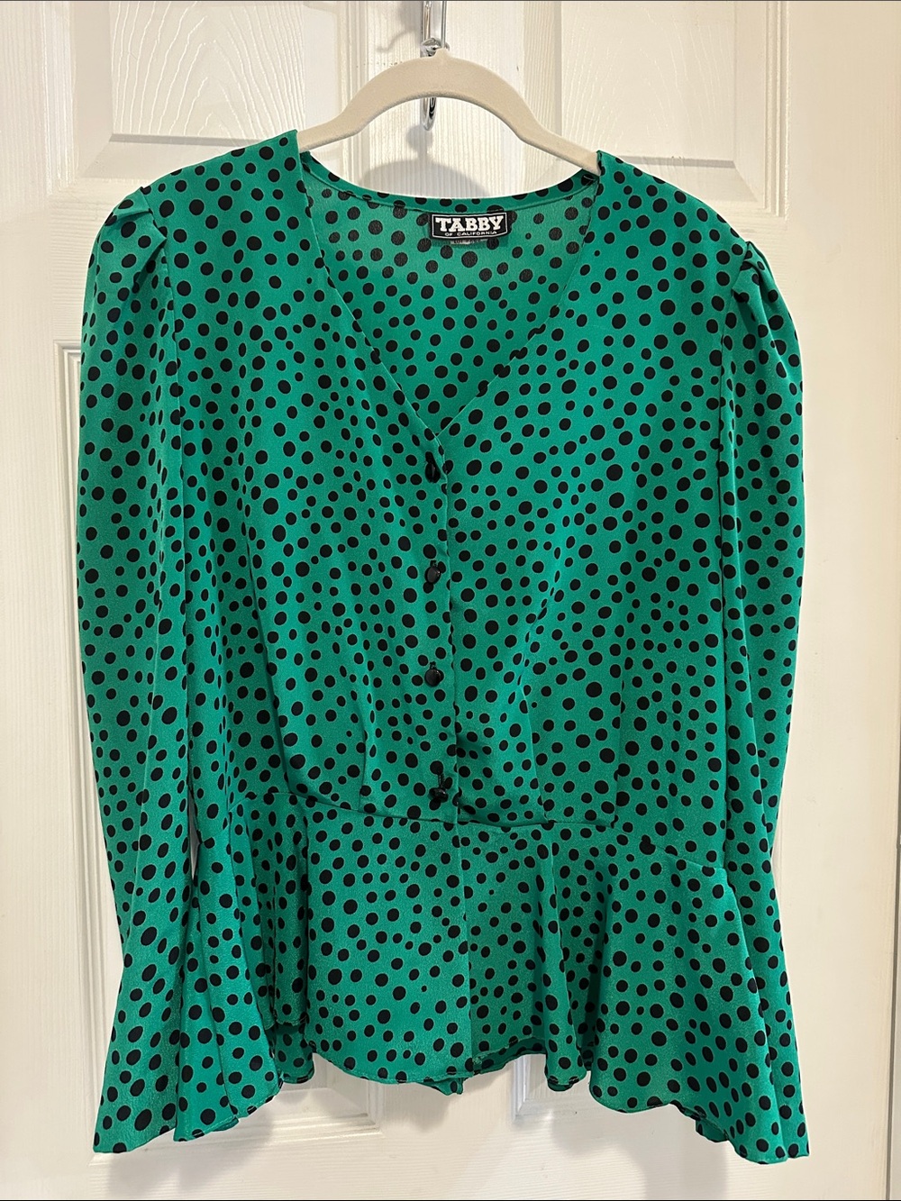 Vintage Emerald Green Polka Dot V-Neck Button Blouse